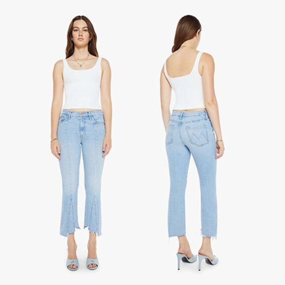 NWT Mother The Insider Crop Pointy Fray Bootcut Button Belted Denim Pants Blue